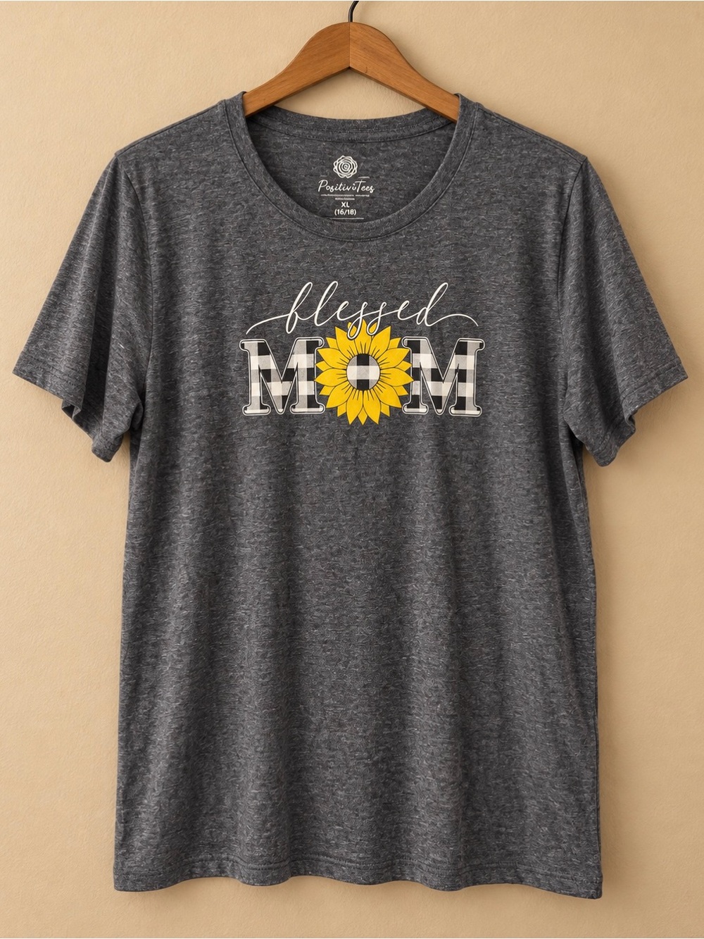PositiviTees Blessed Mom Sunflower Graphic Tee | Charcoal | XL 16/18